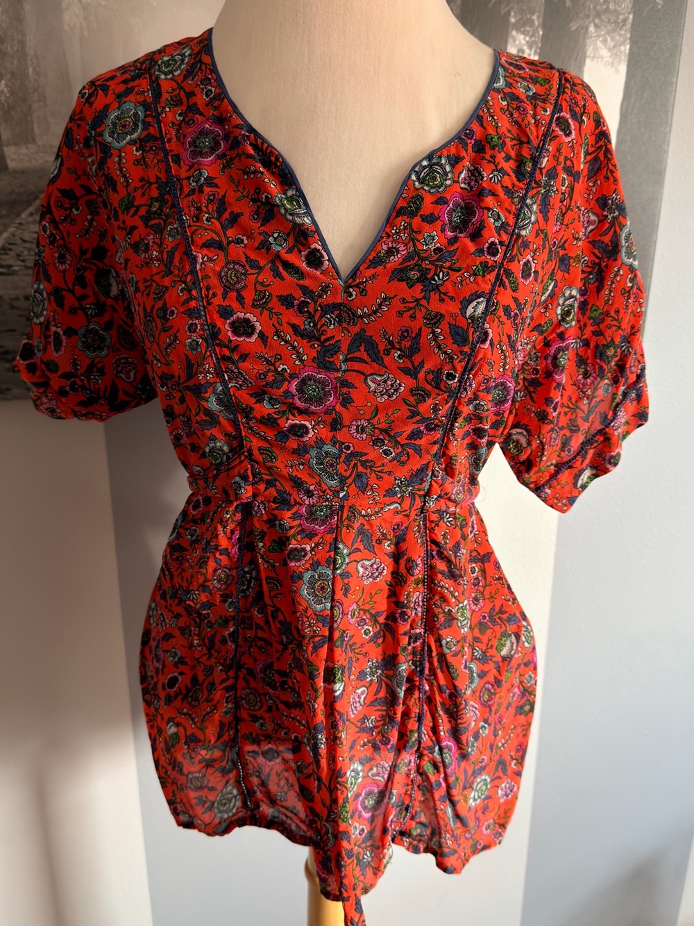 Maeve Red Floral Split-Neck Blouse